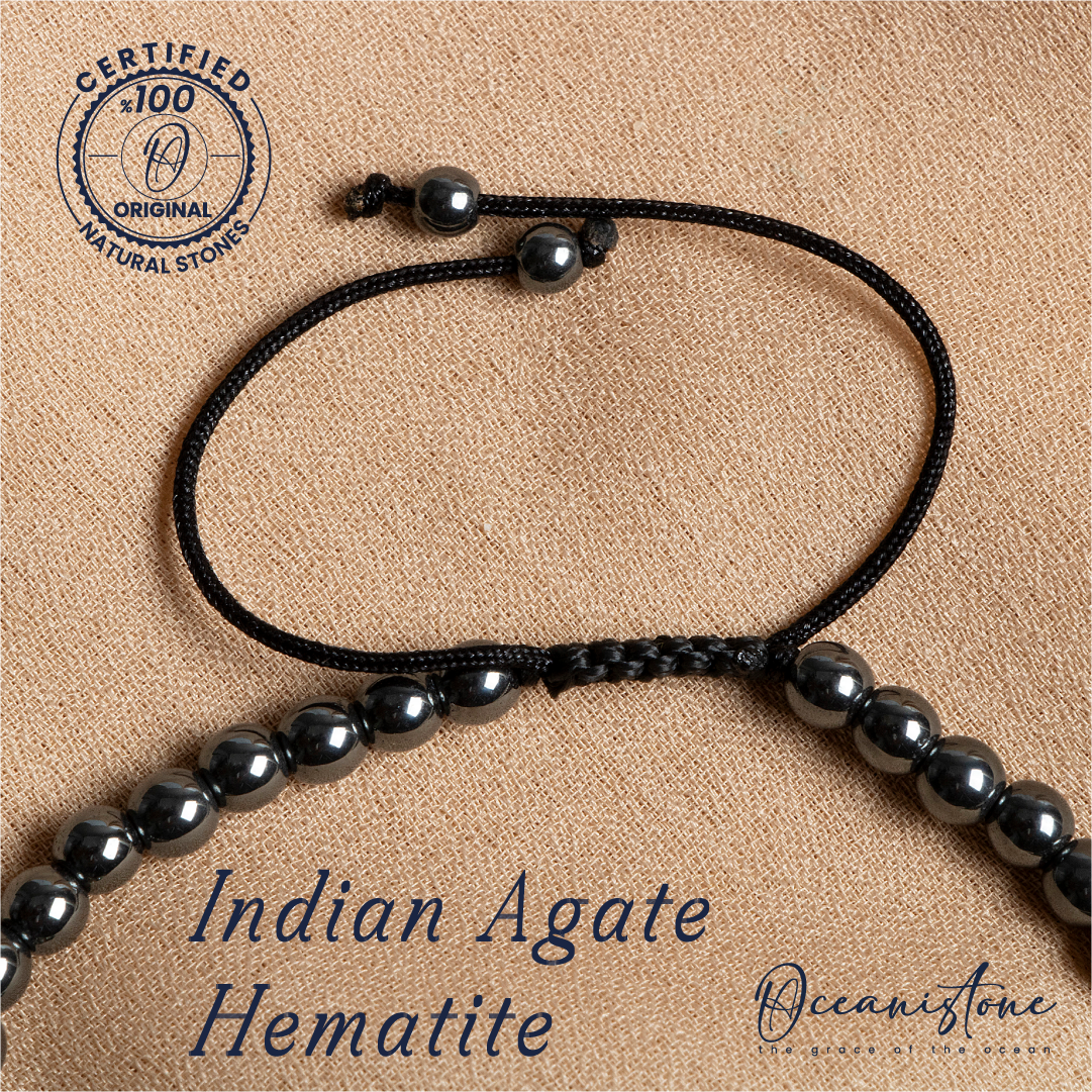 Special-Cut Indian Agate and Hematite Bracelet with Macrame Closure