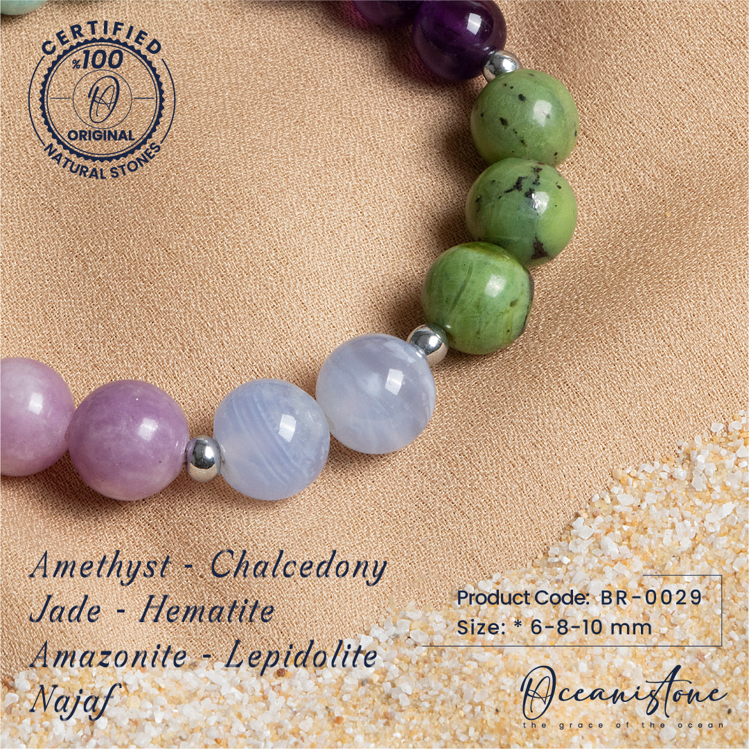 Amethyst, Chalcedony, Jade, Hematite, Amazonite, Lepidolite, and Crystal Quartz Bracelet with Elastic Cord