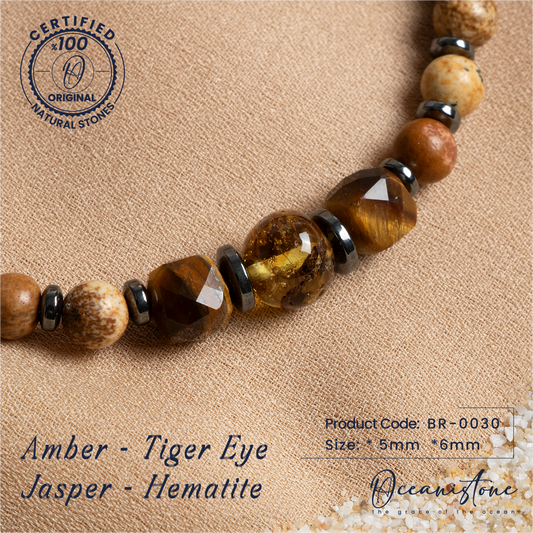 Amber, Tiger Eye, Jasper, and Hematite Bracelet with Elastic Cord