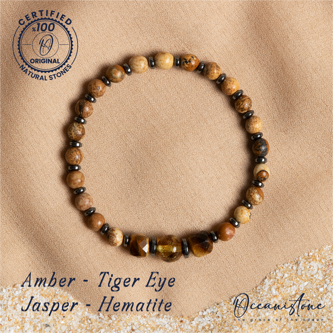 Amber, Tiger Eye, Jasper, and Hematite Bracelet with Elastic Cord