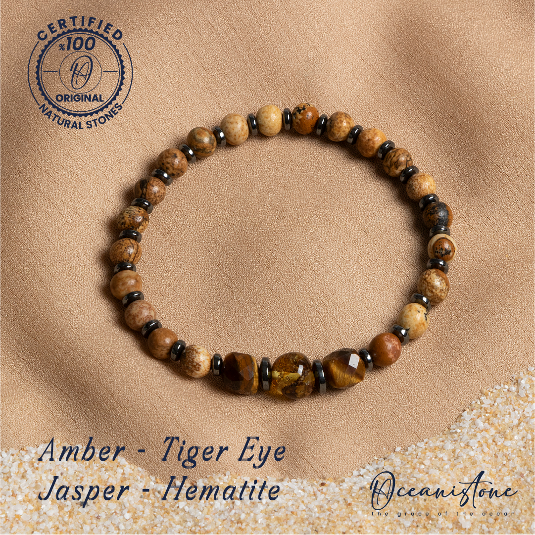 Amber, Tiger Eye, Jasper, and Hematite Bracelet with Elastic Cord