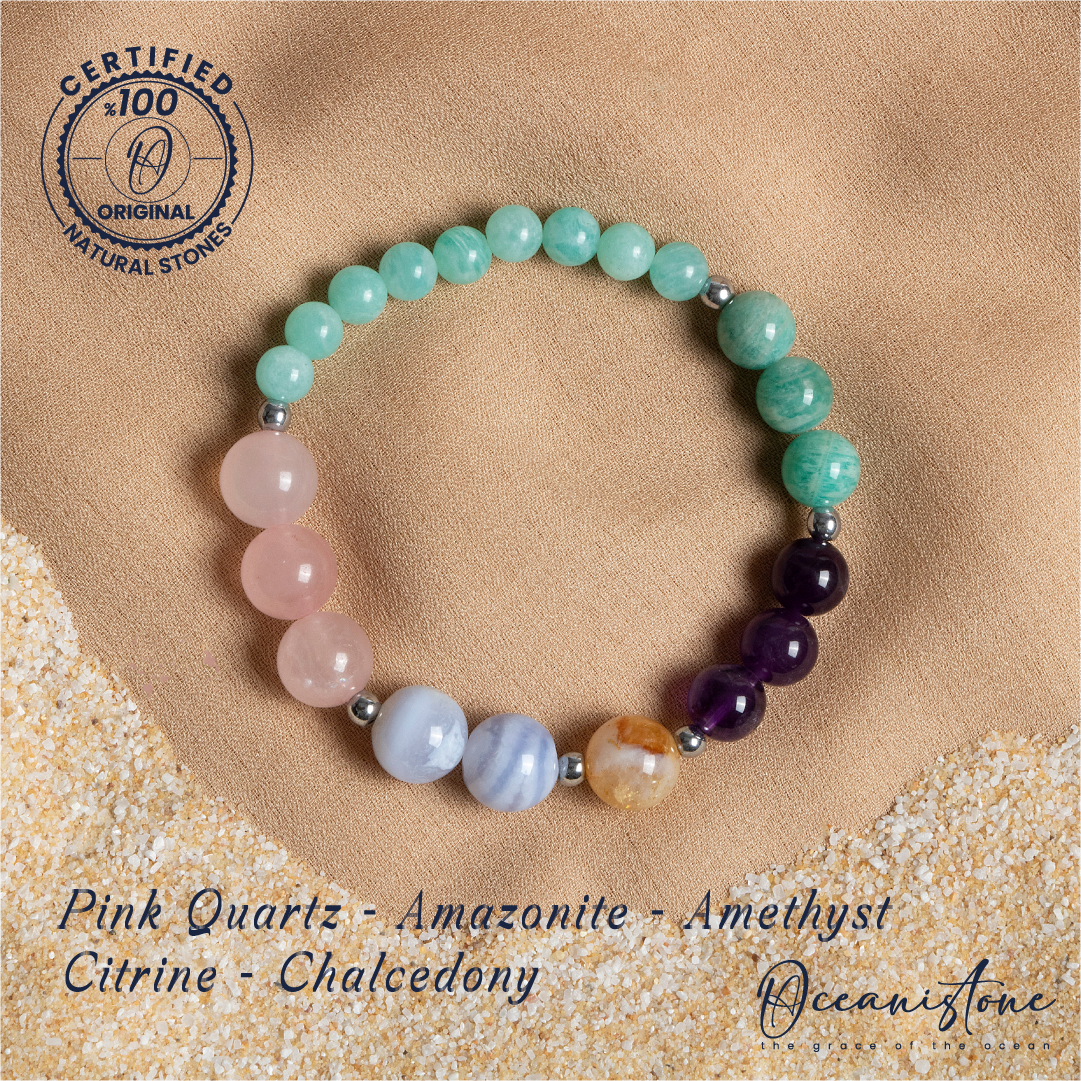 Rose Quartz, Amazonite, Amethyst, Citrine, and Chalcedony Bracelet with Elastic Cord