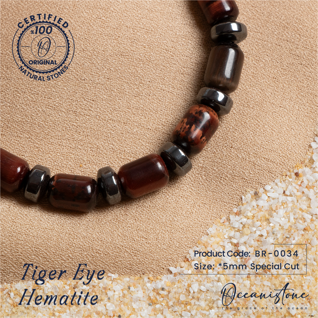 Special-Cut Tiger Eye and Hematite Bracelet with Macrame Closure