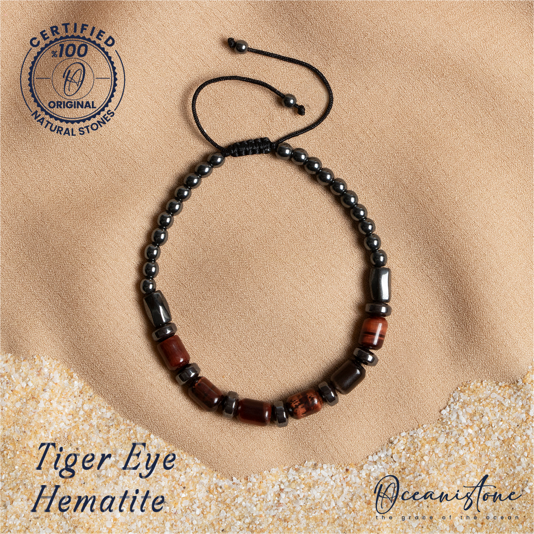 Special-Cut Tiger Eye and Hematite Bracelet with Macrame Closure