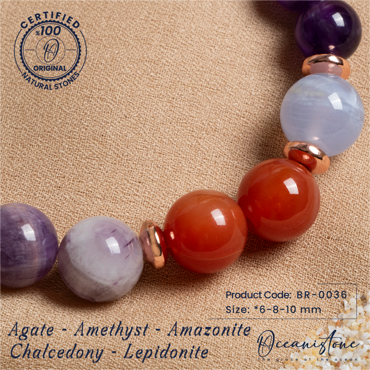 Jade, Amethyst, Amazonite, Chalcedony, and Lepidolite Bracelet with Elastic Cord