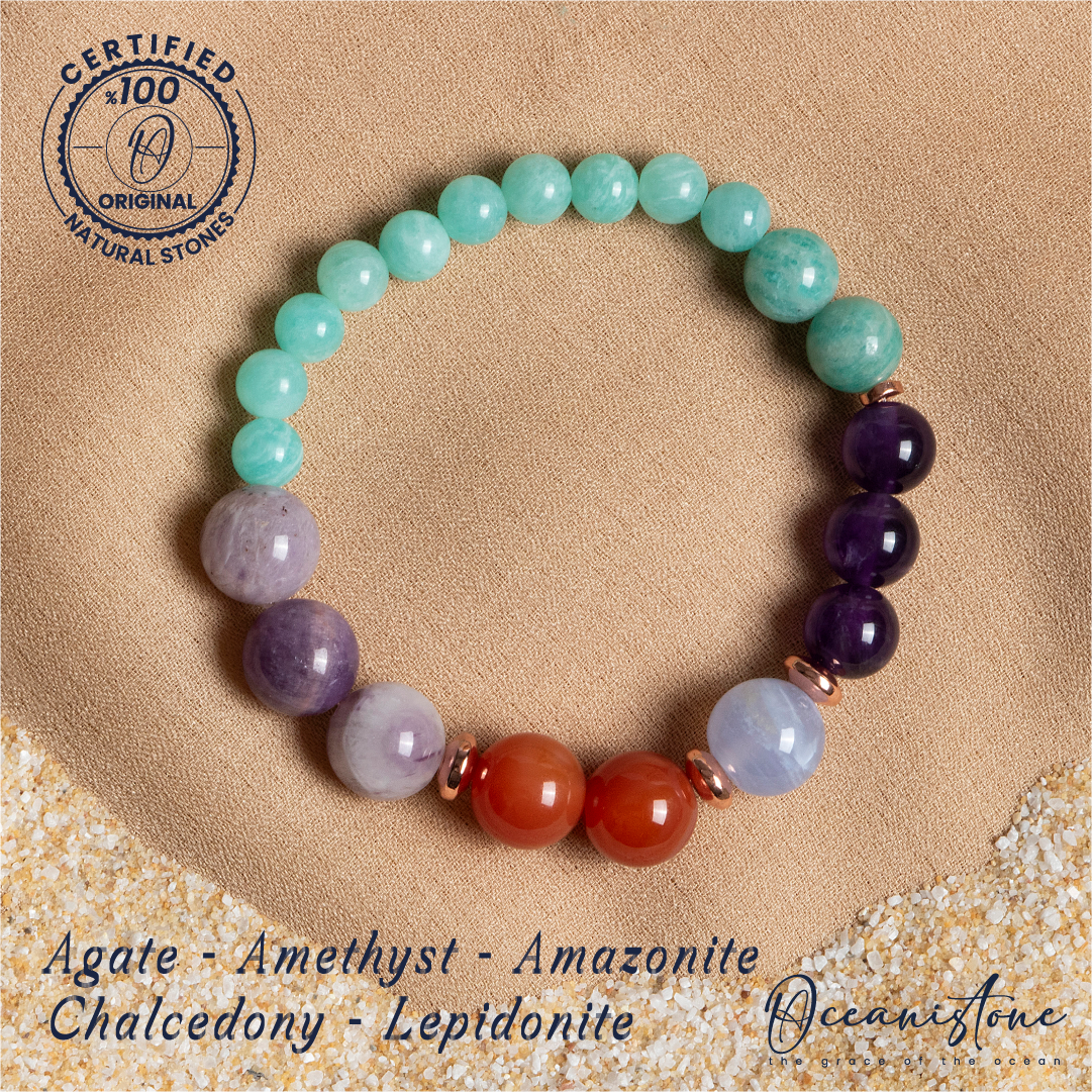 Jade, Amethyst, Amazonite, Chalcedony, and Lepidolite Bracelet with Elastic Cord