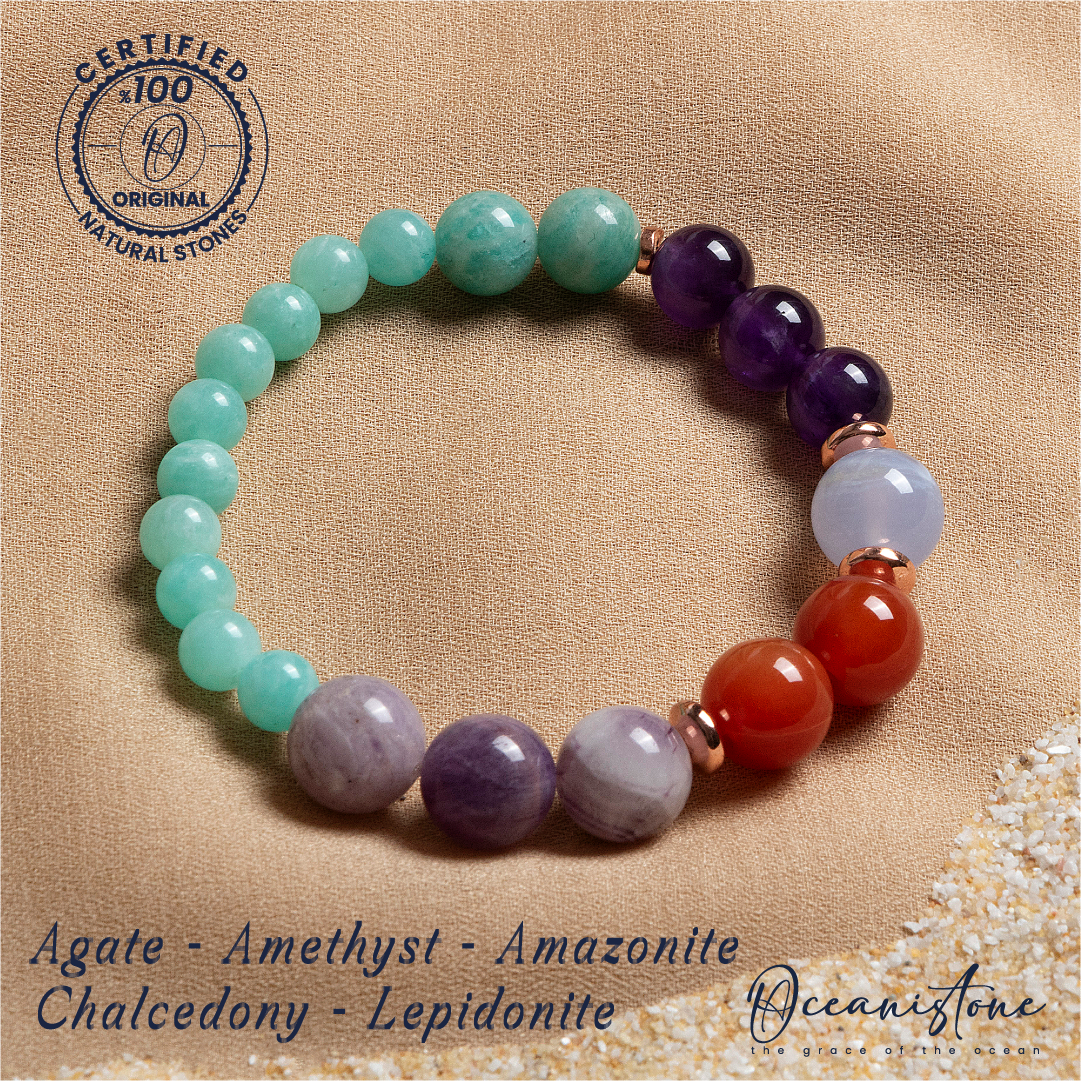 Jade, Amethyst, Amazonite, Chalcedony, and Lepidolite Bracelet with Elastic Cord