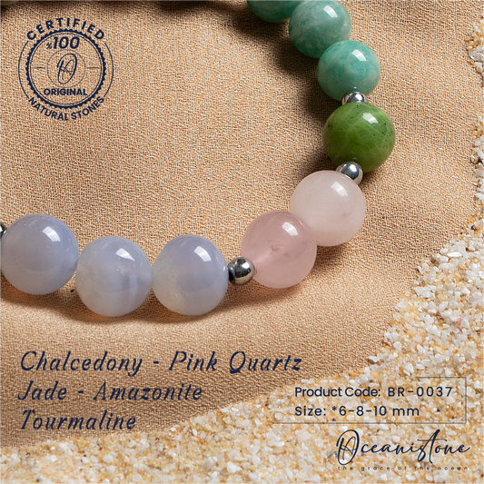 Chalcedony, Rose Quartz, Jade, Amazonite, and Tourmaline Bracelet with Elastic Cord