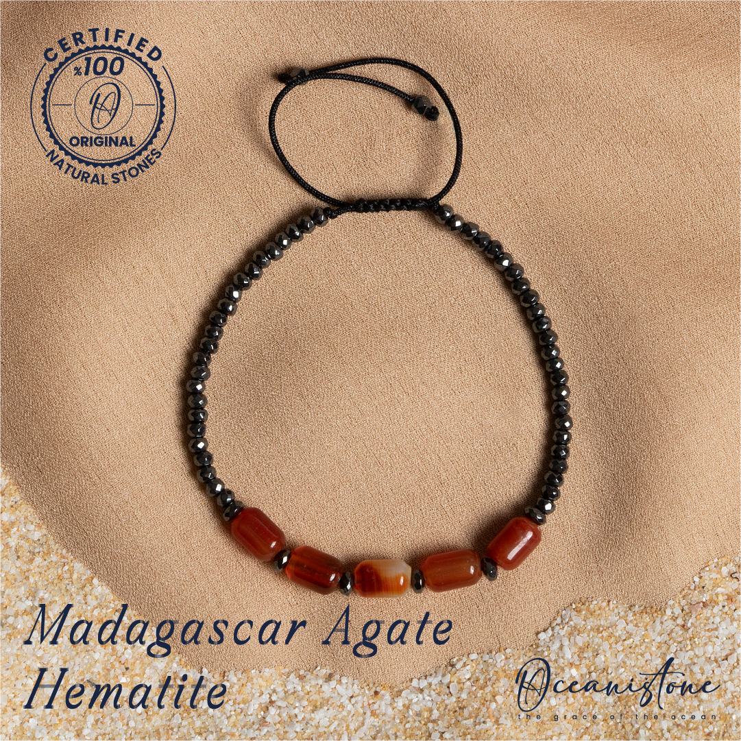 Special-Cut Madagascar Agate and Hematite Bracelet with Macrame Closure