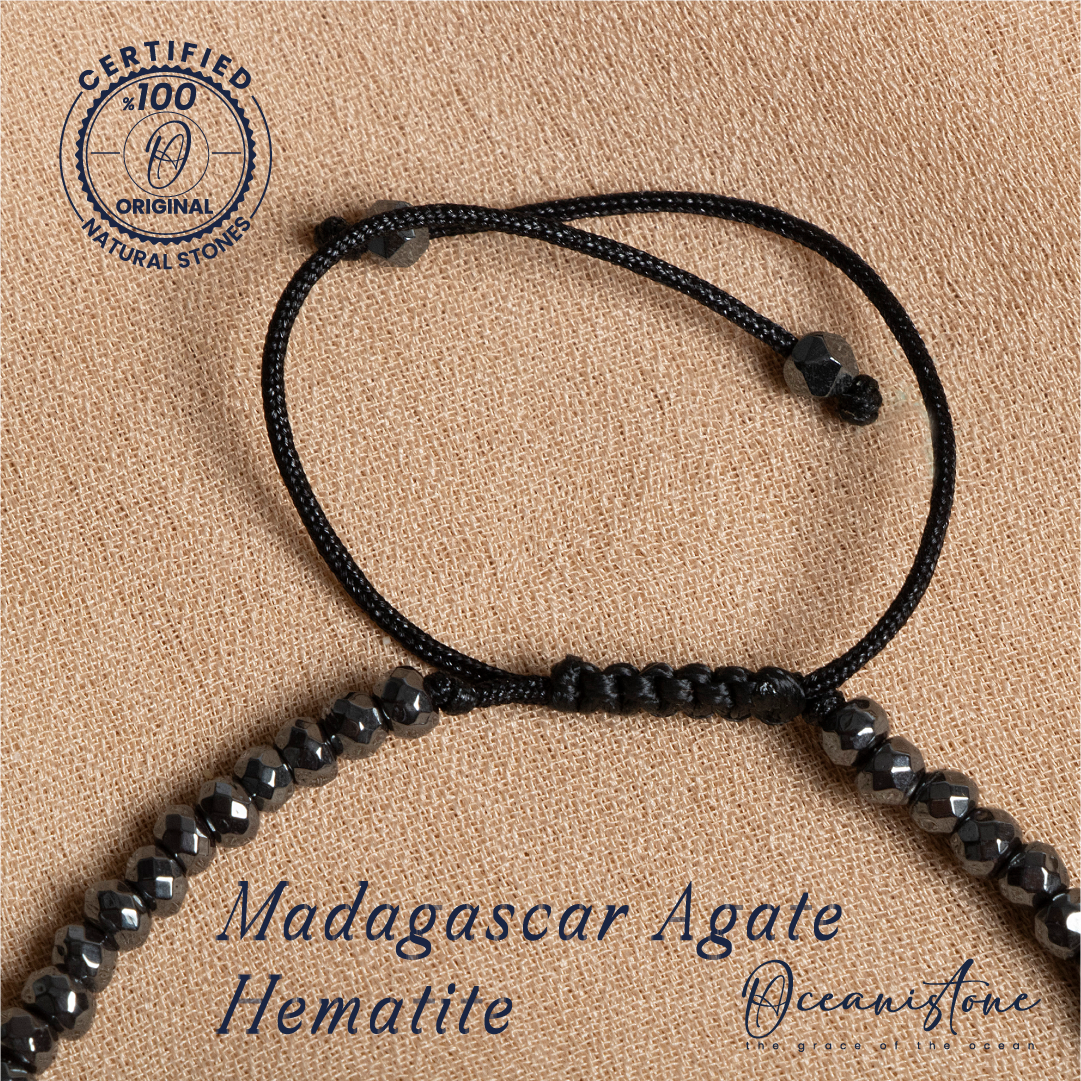 Special-Cut Madagascar Agate and Hematite Bracelet with Macrame Closure