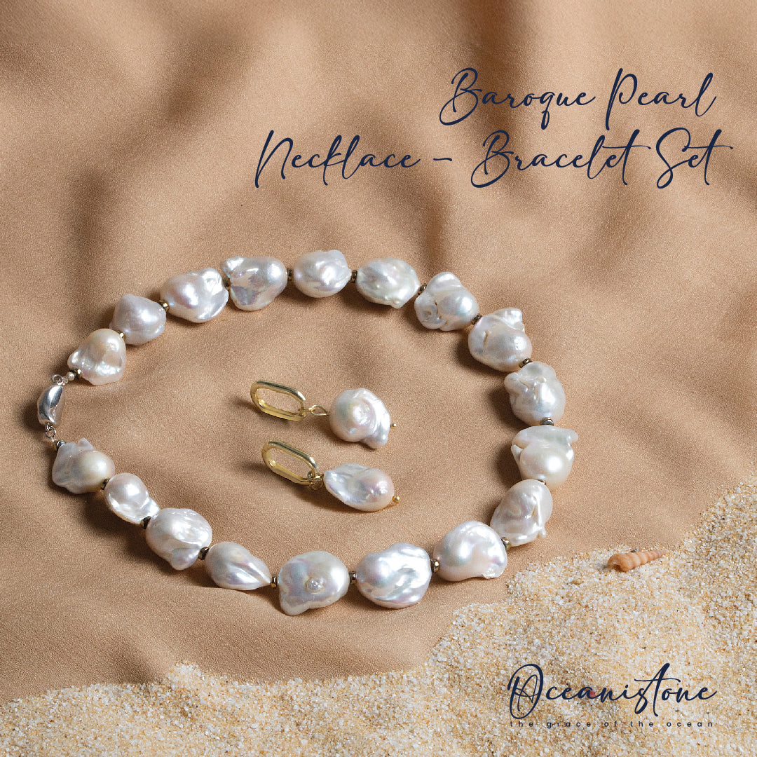 Baroque Pearl Necklace and Earring Set with Silver Clasp