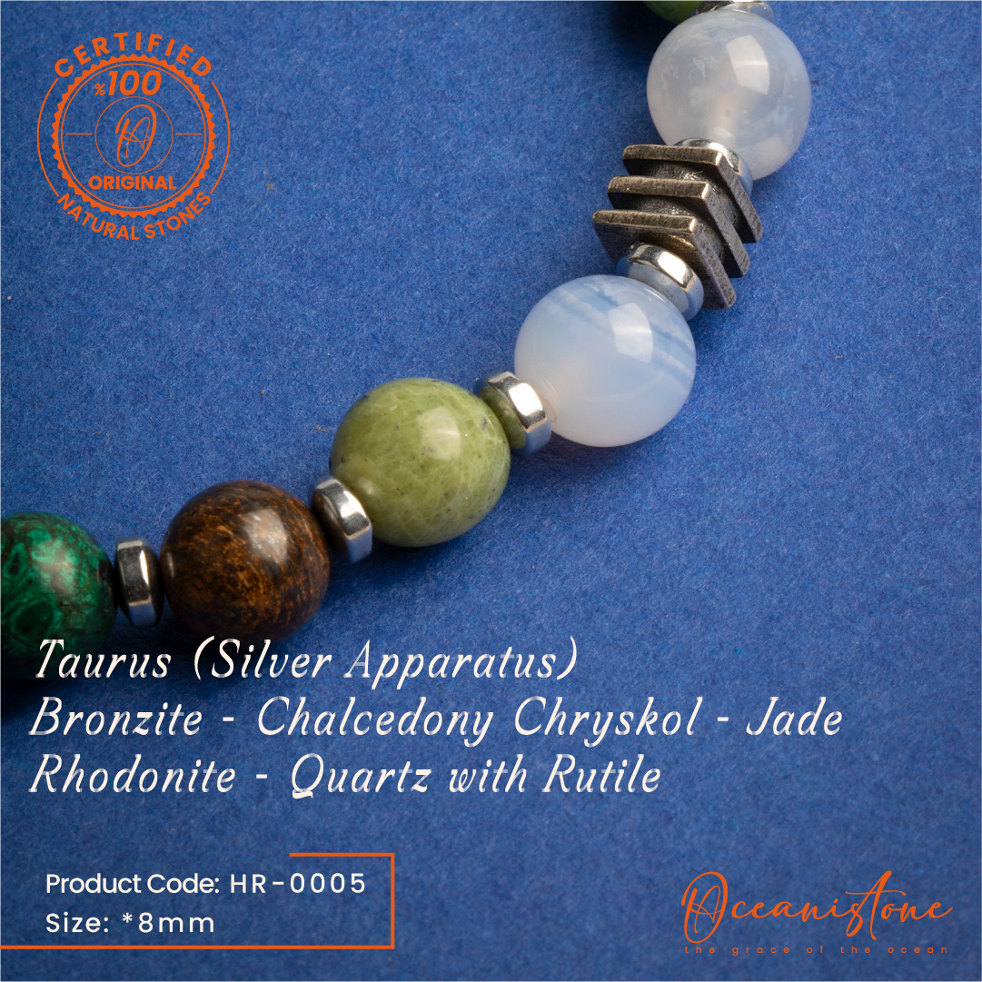 Taurus (Silver Apparatus) - Bronzite, Chalcedony, Chrysocolla, Jade, Rhodonite, Quartz with Rutile