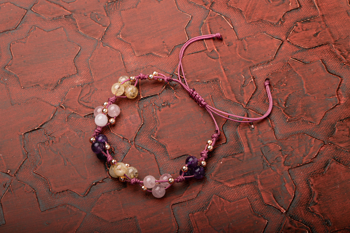 Amethyst, Pink Quartz and Citrine Natural Stone Macrame Design Bracelet