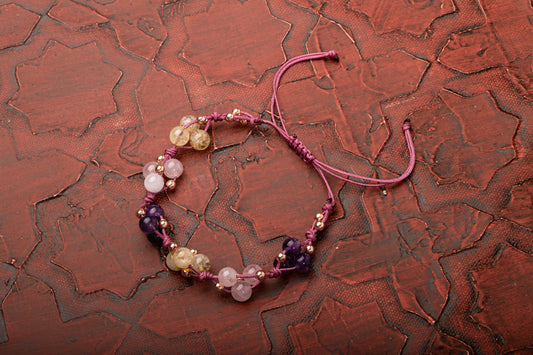 Amethyst, Pink Quartz and Citrine Natural Stone Macrame Design Bracelet