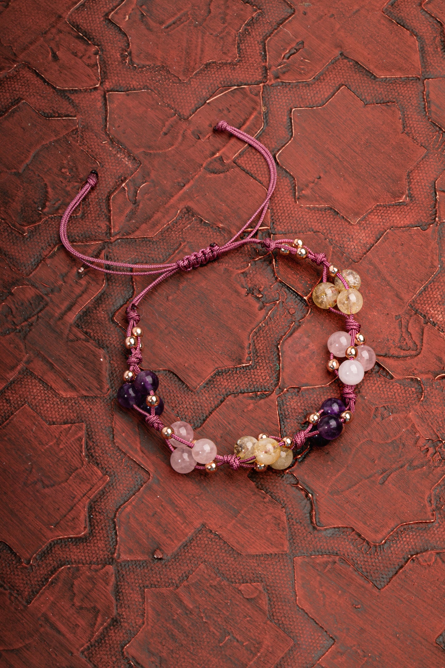 Amethyst, Pink Quartz and Citrine Natural Stone Macrame Design Bracelet