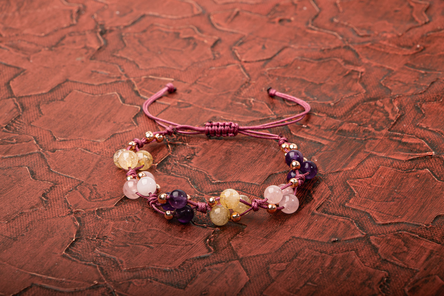 Amethyst, Pink Quartz and Citrine Natural Stone Macrame Design Bracelet