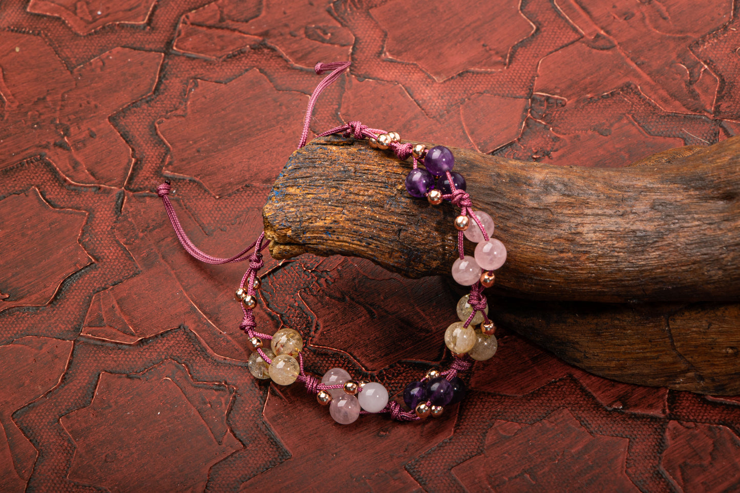 Amethyst, Pink Quartz and Citrine Natural Stone Macrame Design Bracelet