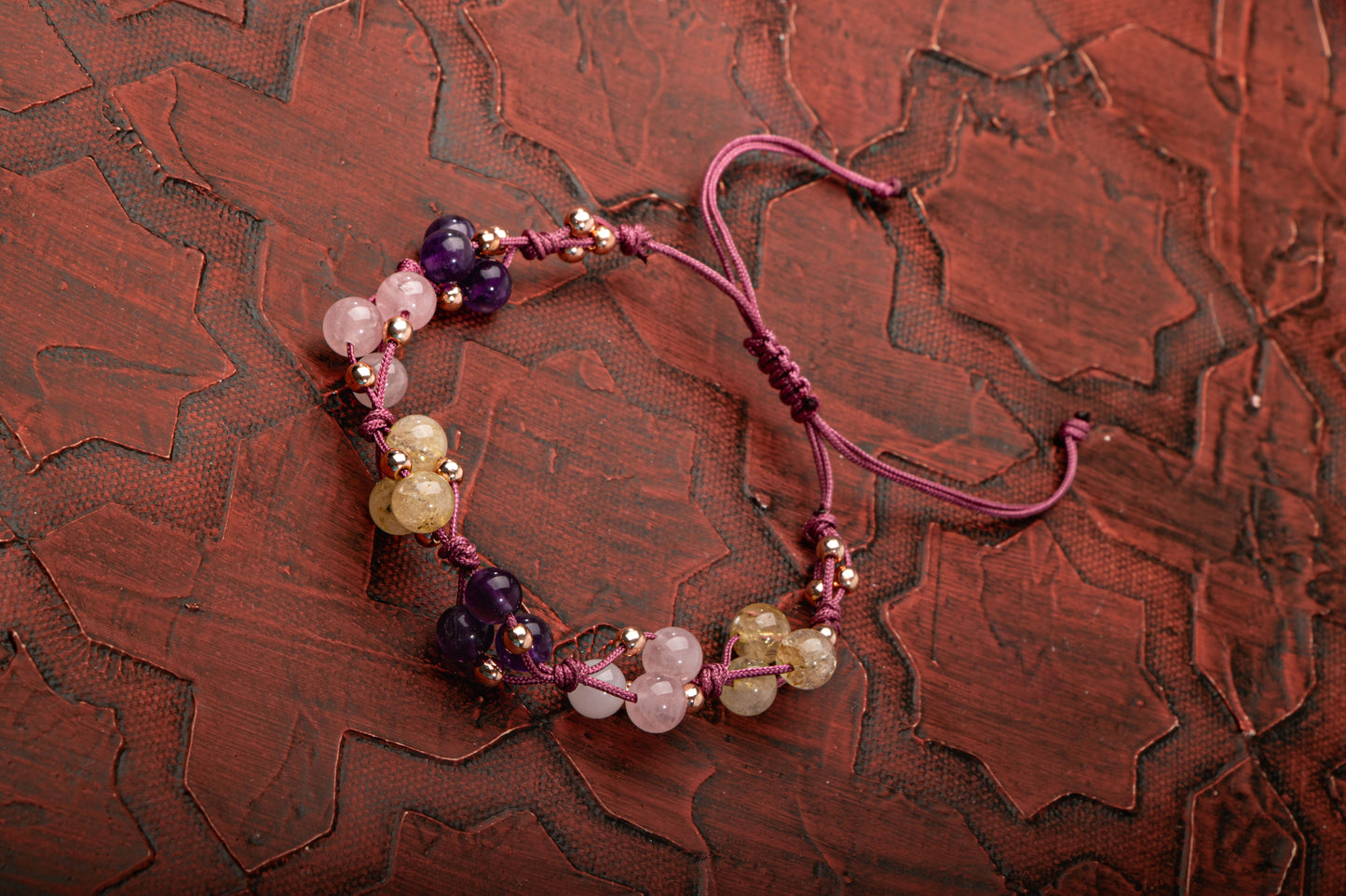 Amethyst, Pink Quartz and Citrine Natural Stone Macrame Design Bracelet