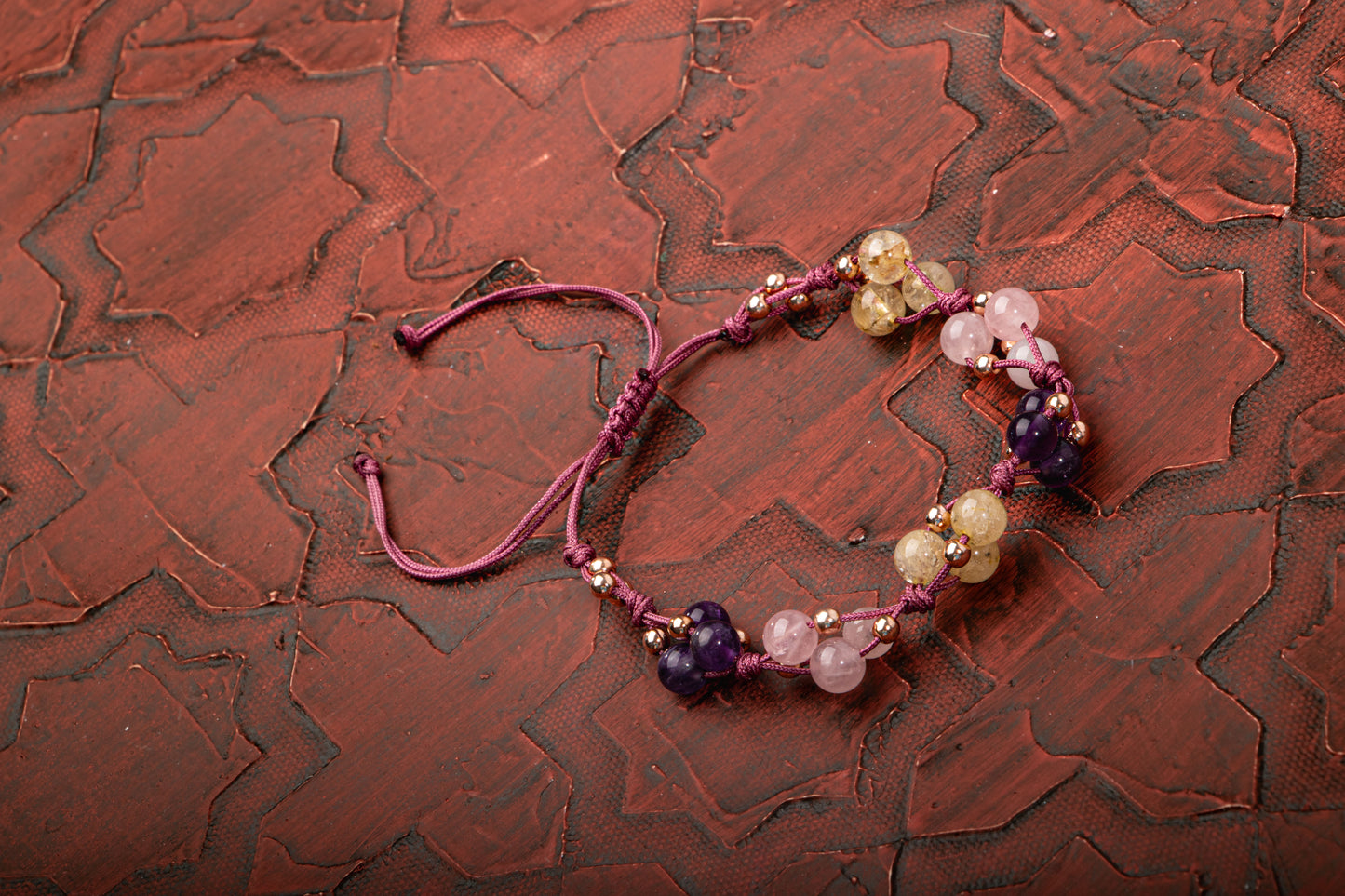 Amethyst, Pink Quartz and Citrine Natural Stone Macrame Design Bracelet