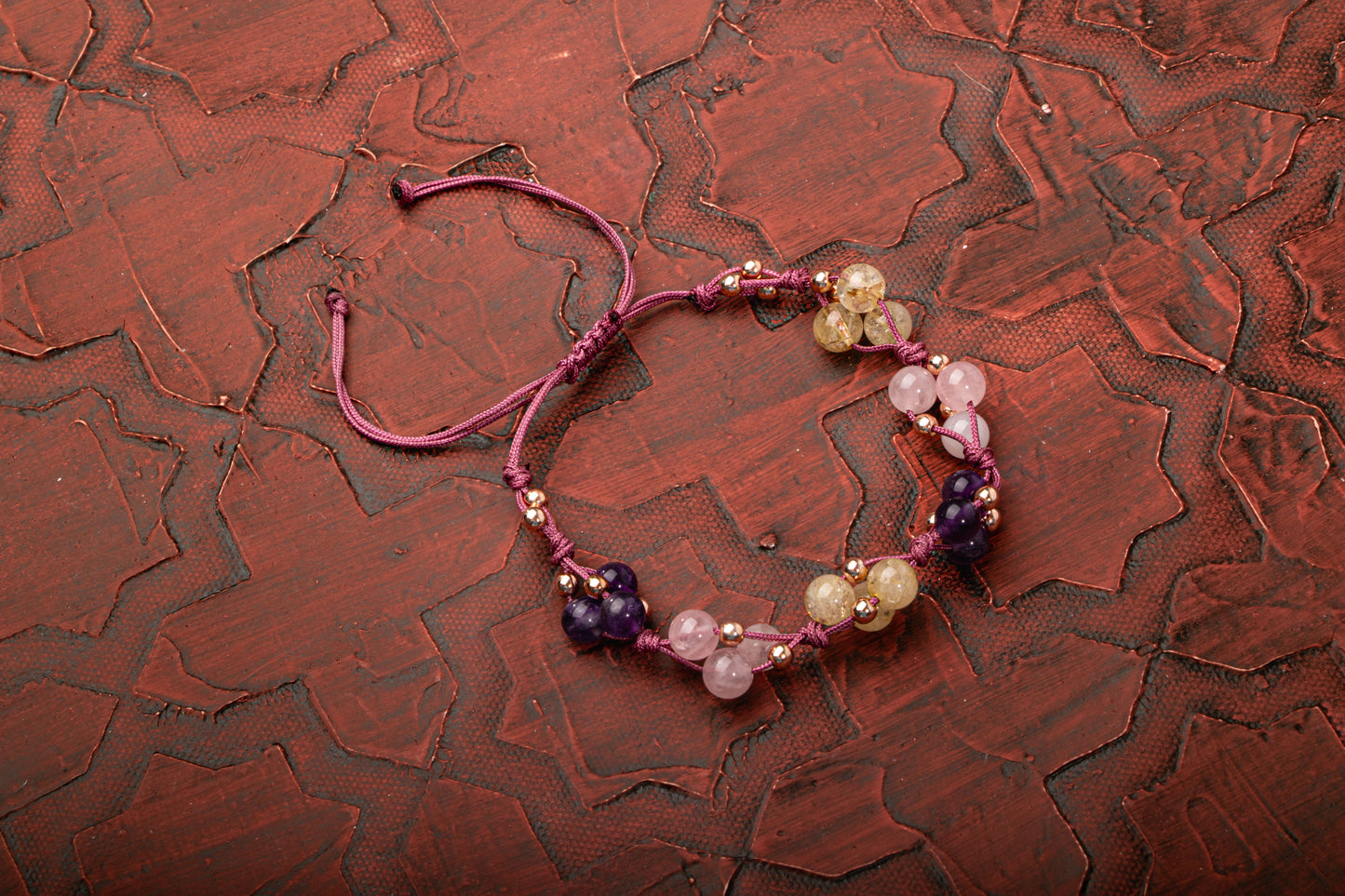 Amethyst, Pink Quartz and Citrine Natural Stone Macrame Design Bracelet