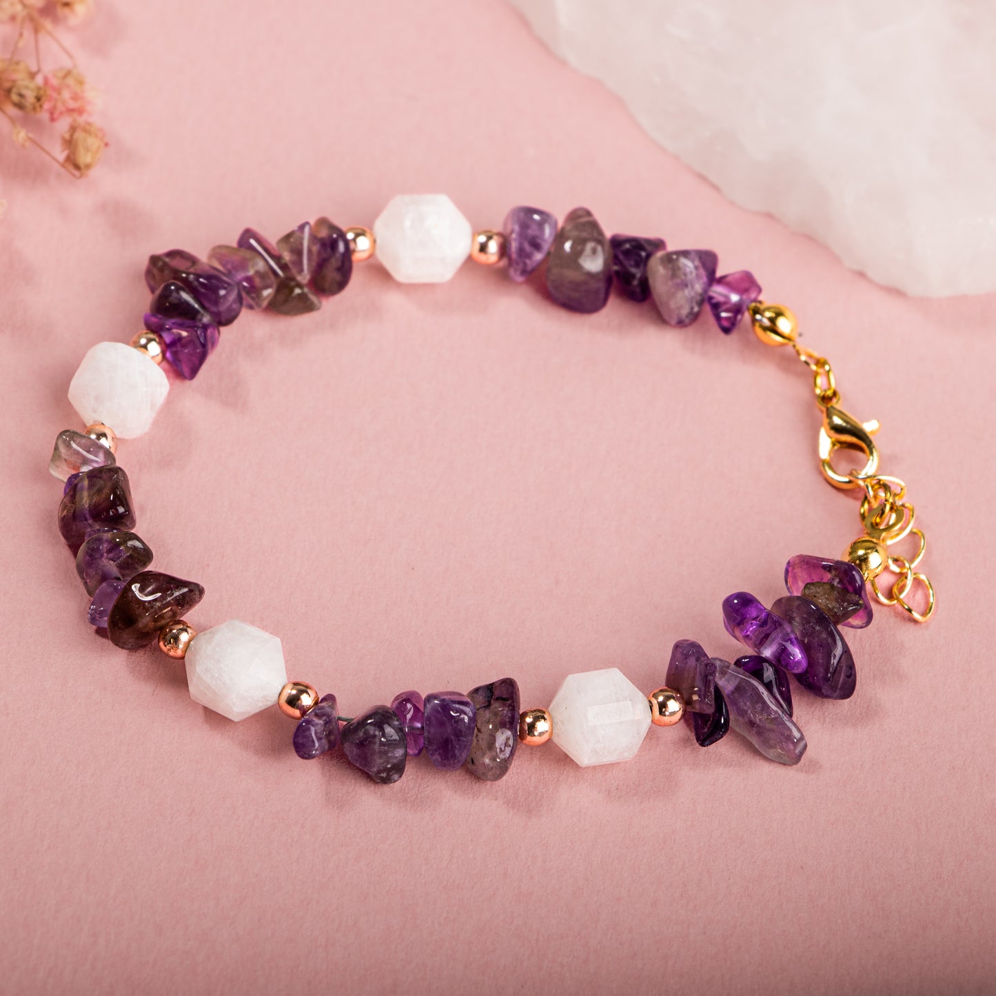 Amethyst and Moonstone Natural Stone 925 Sterling Silver Bracelet