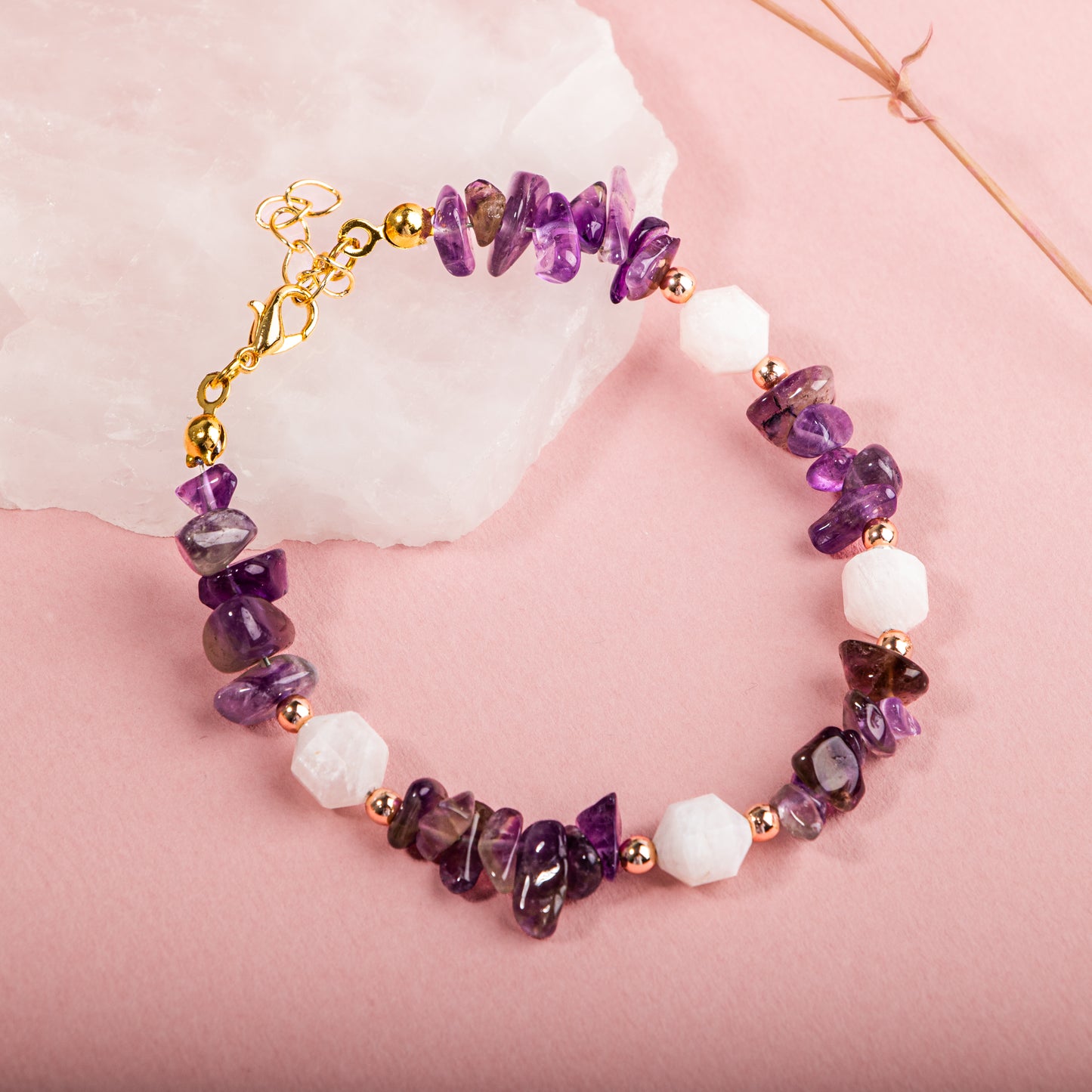 Amethyst and Moonstone Natural Stone 925 Sterling Silver Bracelet