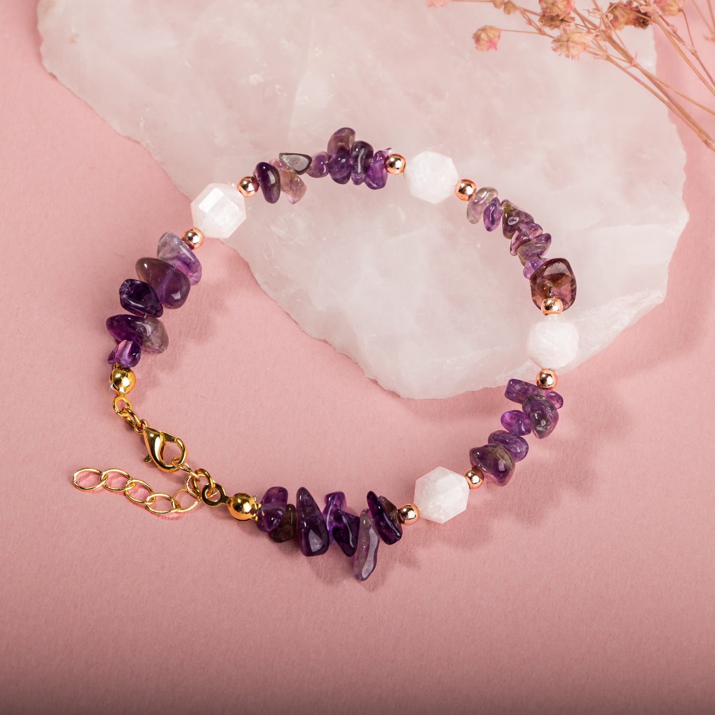 Amethyst and Moonstone Natural Stone 925 Sterling Silver Bracelet