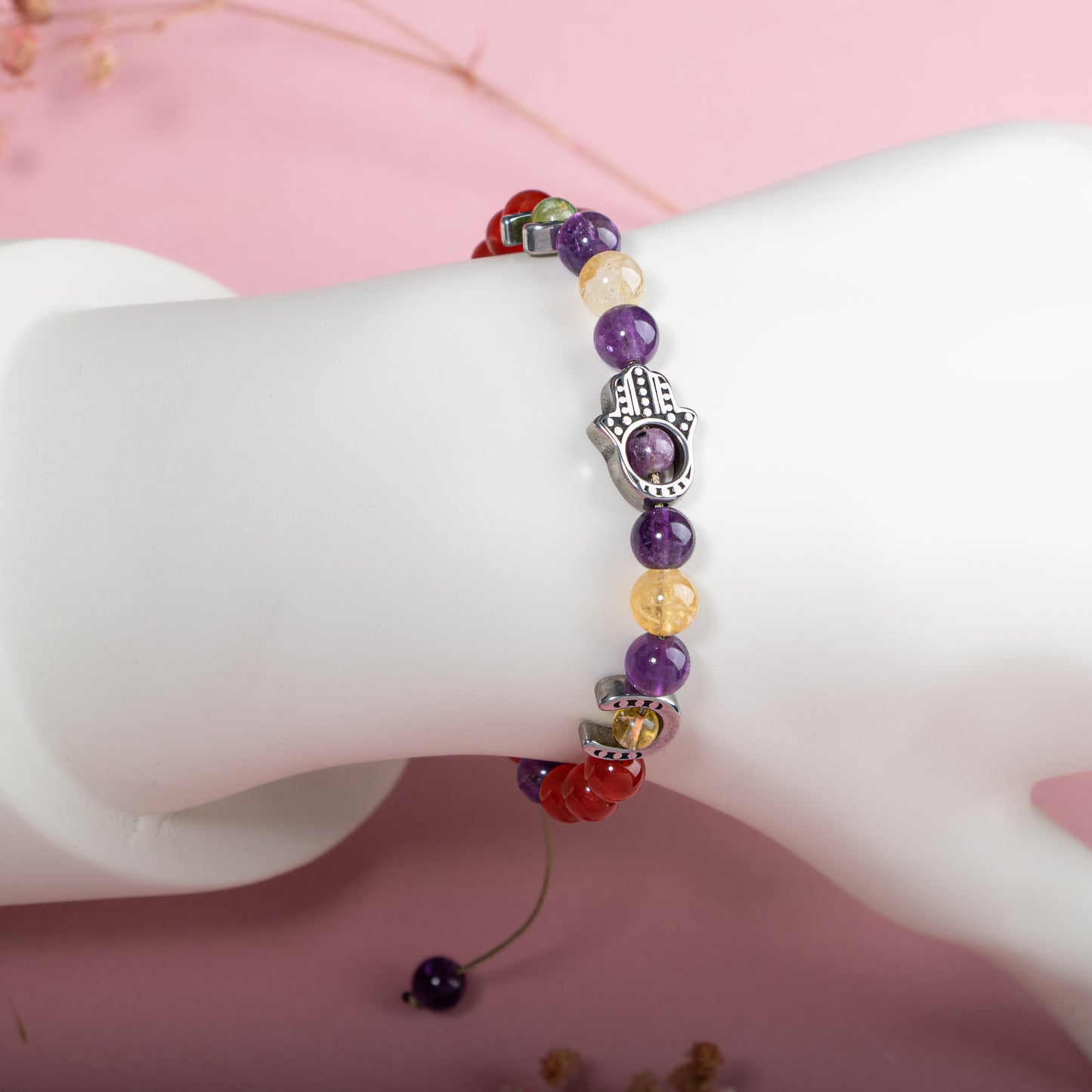 Agate, Amethyst, Citrine Natural Stone Silver Detailed Macrame Bracelet