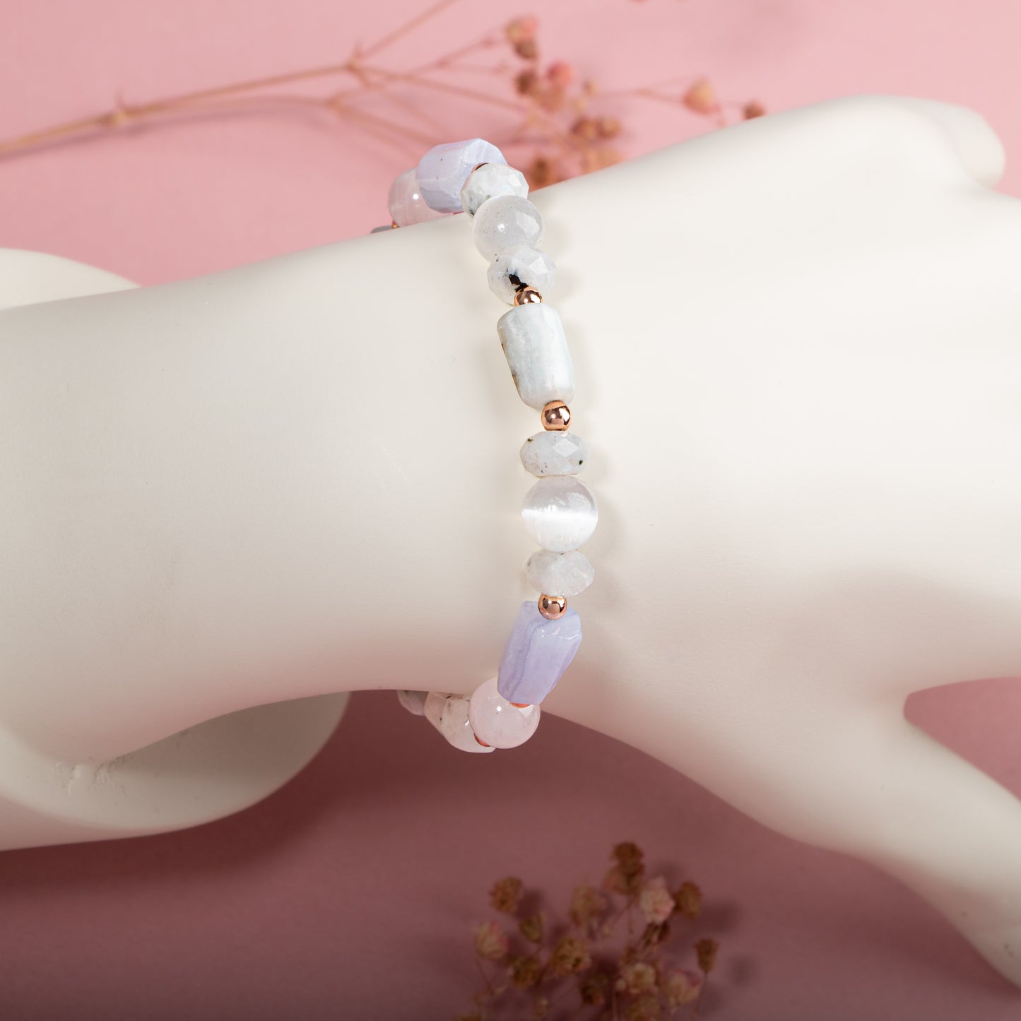 Selenite, Amazonite, Pink Quartz, Chalcedony Natural Stone Bracelet