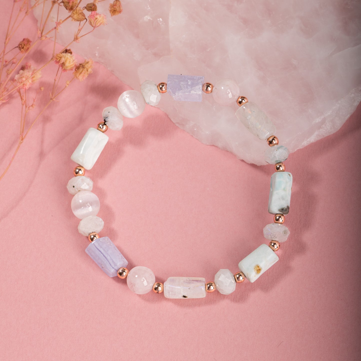 Selenite, Amazonite, Pink Quartz, Chalcedony Natural Stone Bracelet