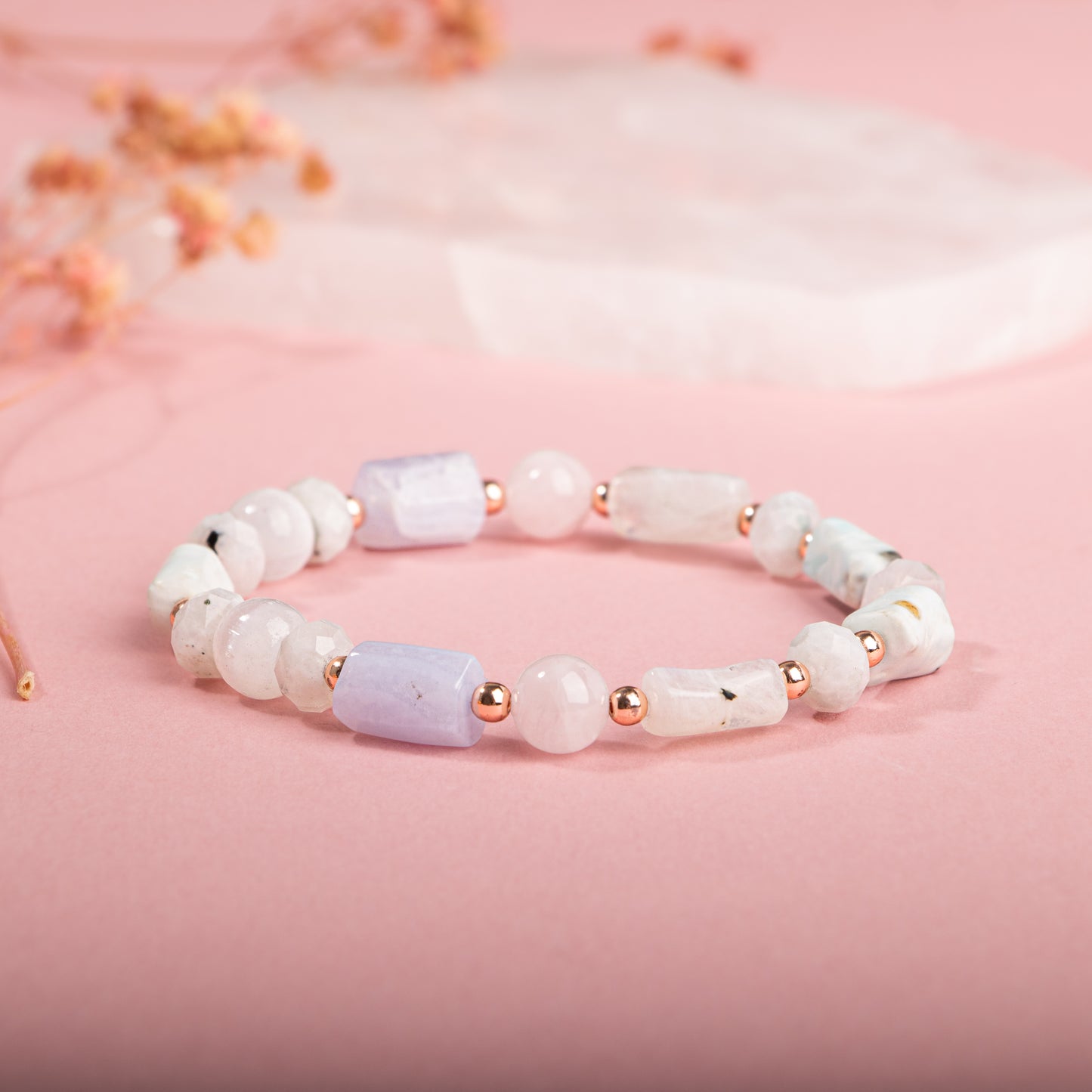 Selenite, Amazonite, Pink Quartz, Chalcedony Natural Stone Bracelet