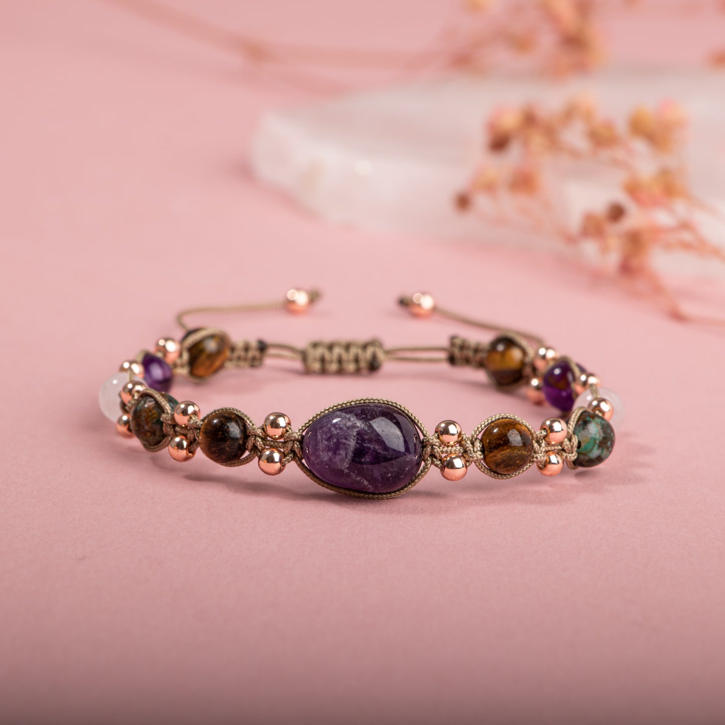 Tiger Eye, Turquoise, Pink Quartz, Amethyst Natural Stone Macrame Design Bracelet