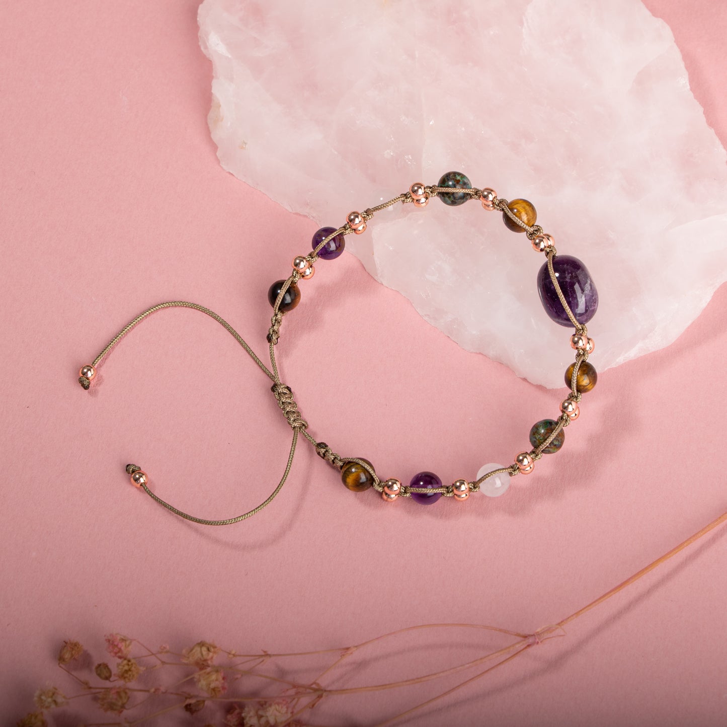 Tiger Eye, Turquoise, Pink Quartz, Amethyst Natural Stone Macrame Design Bracelet