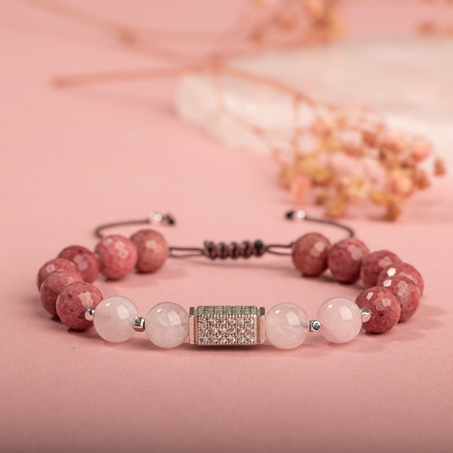 Natural Stone Macrame Design Bracelet with Rhodonite, Pink Quartz Silver Accents