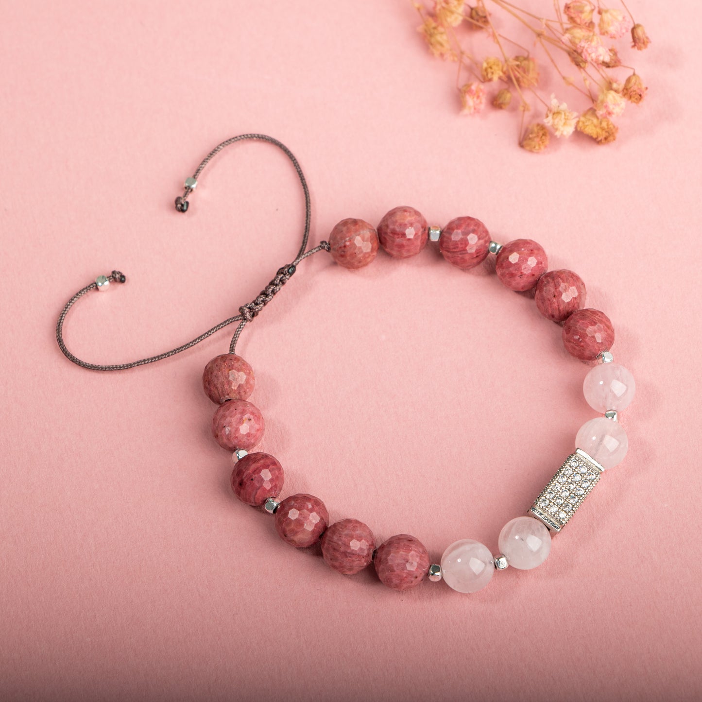 Natural Stone Macrame Design Bracelet with Rhodonite, Pink Quartz Silver Accents