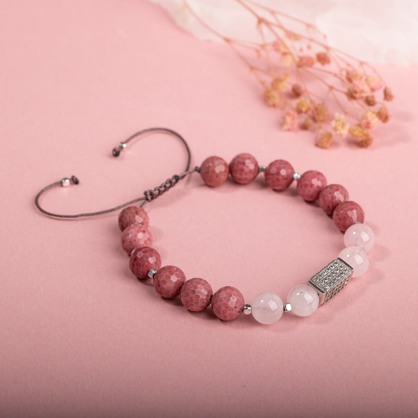 Natural Stone Macrame Design Bracelet with Rhodonite, Pink Quartz Silver Accents