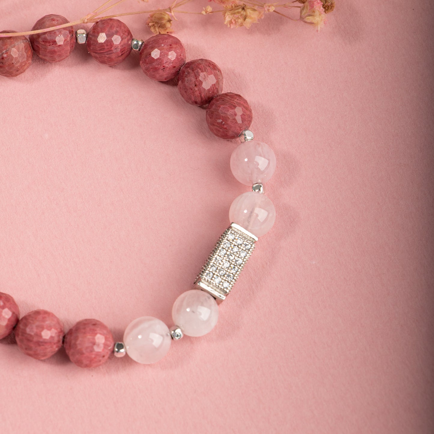 Natural Stone Macrame Design Bracelet with Rhodonite, Pink Quartz Silver Accents