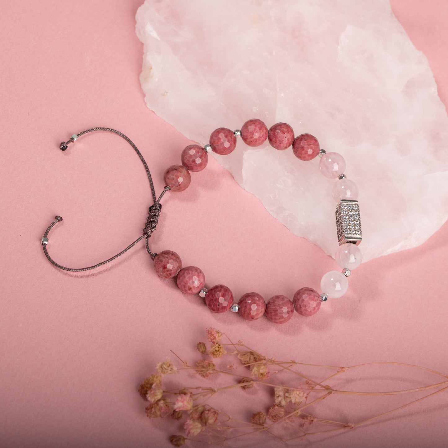 Natural Stone Macrame Design Bracelet with Rhodonite, Pink Quartz Silver Accents