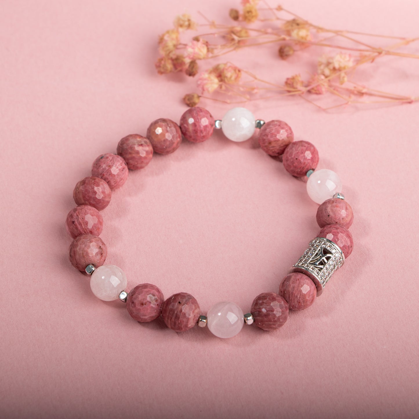 Rhodonite and Pink Quartz Natural Stone 925 Sterling Silver Bracelet