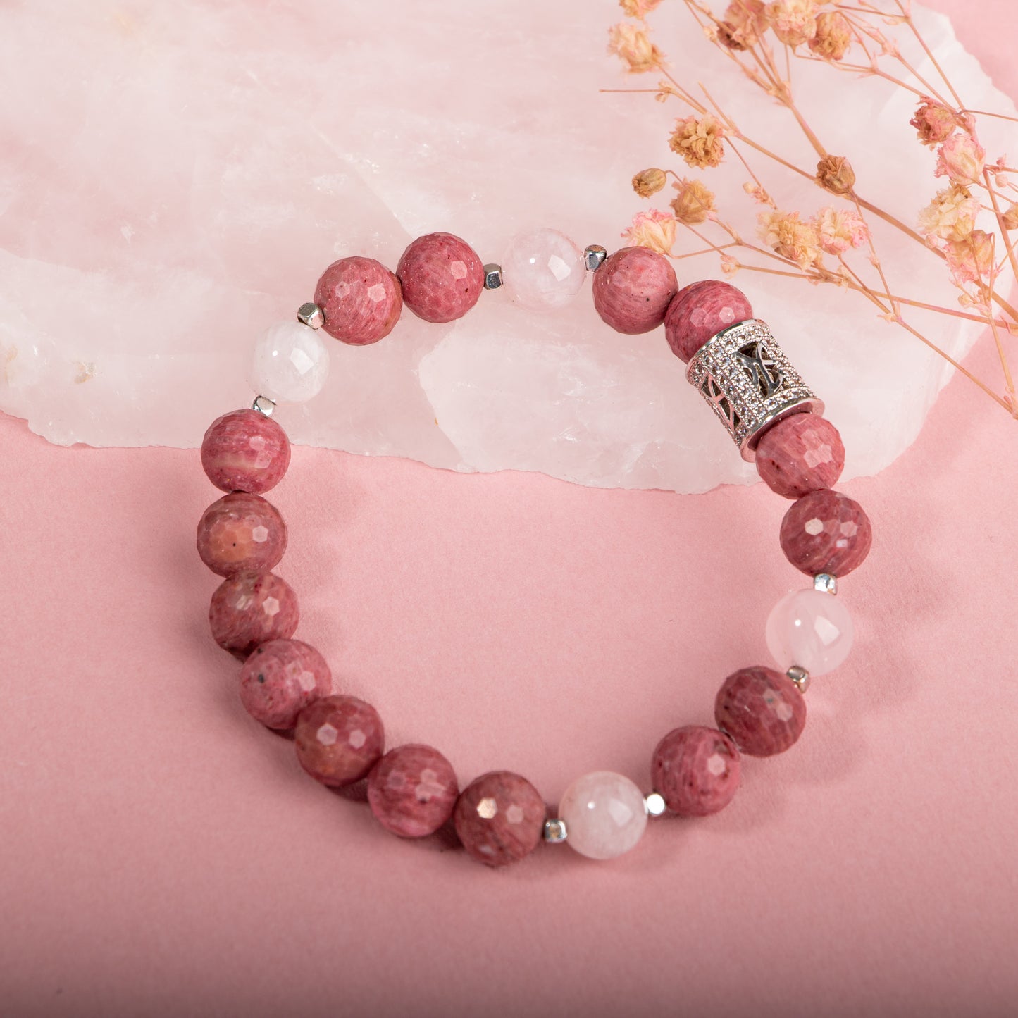 Rhodonite and Pink Quartz Natural Stone 925 Sterling Silver Bracelet