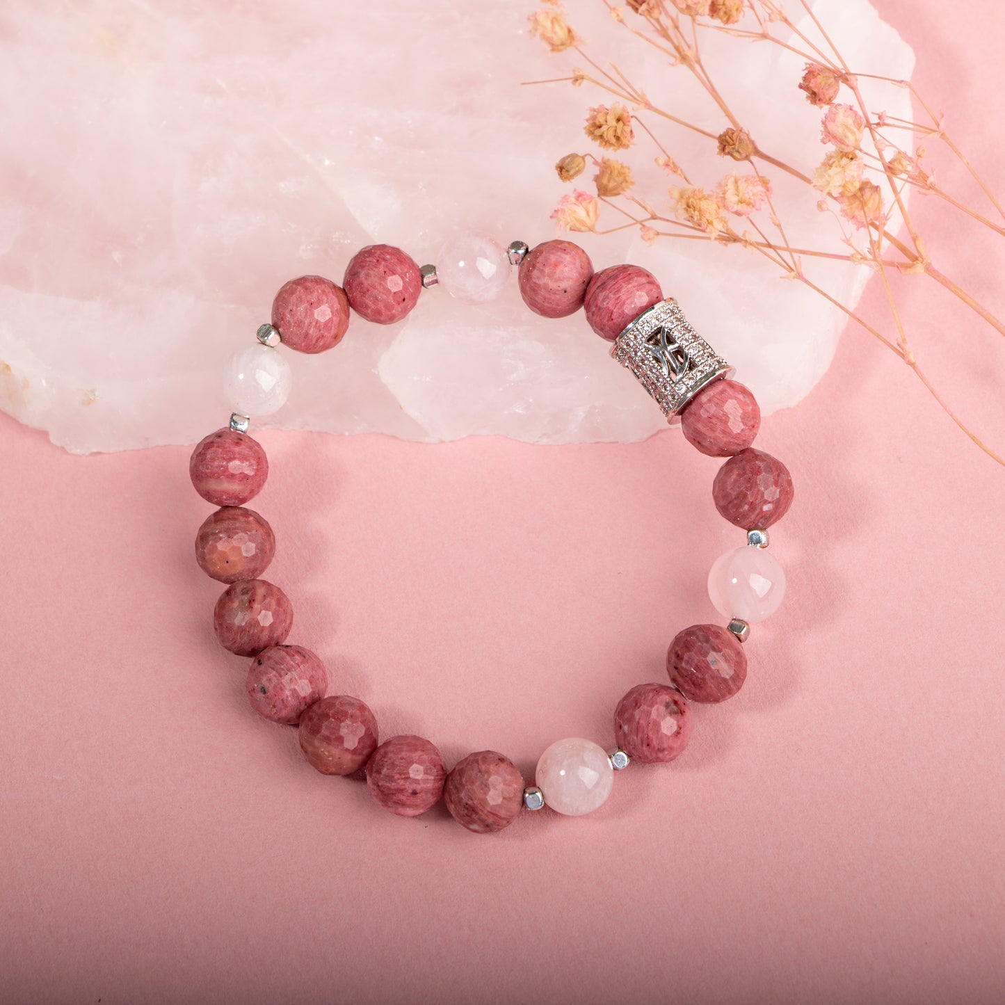 Rhodonite and Pink Quartz Natural Stone 925 Sterling Silver Bracelet