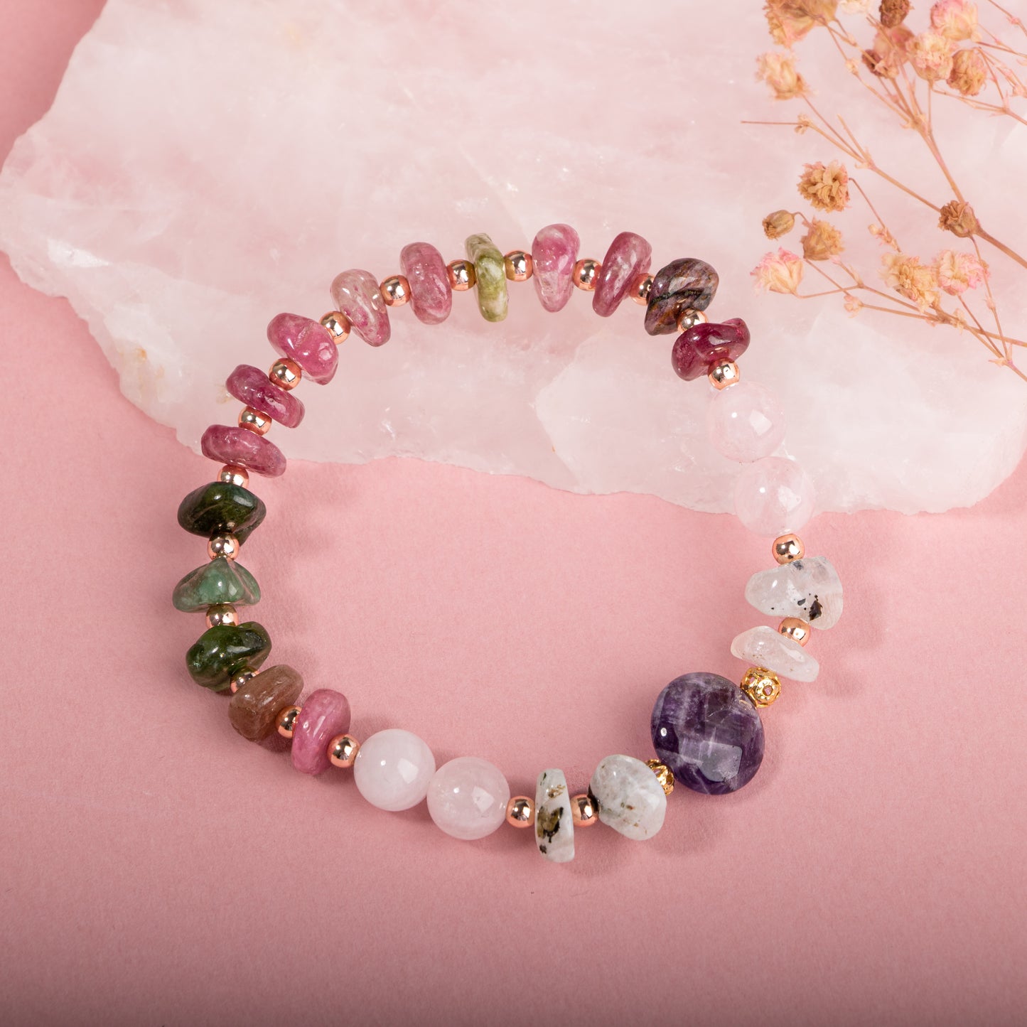 Moonstone, Pink Quartz, Tourmaline, Amethyst Natural Stone Bracelet