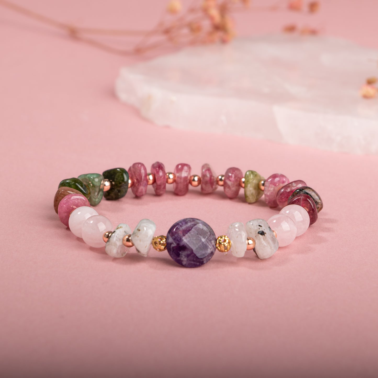 Moonstone, Pink Quartz, Tourmaline, Amethyst Natural Stone Bracelet