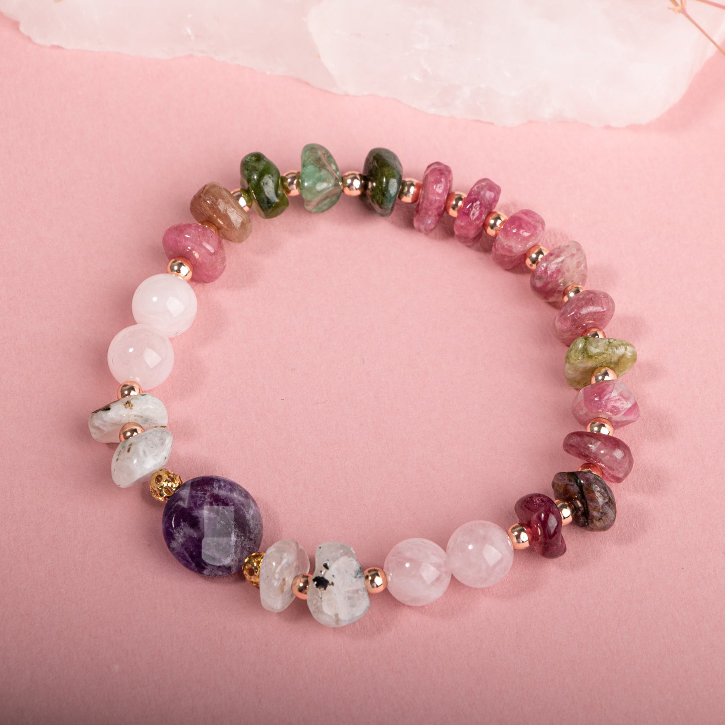 Moonstone, Pink Quartz, Tourmaline, Amethyst Natural Stone Bracelet