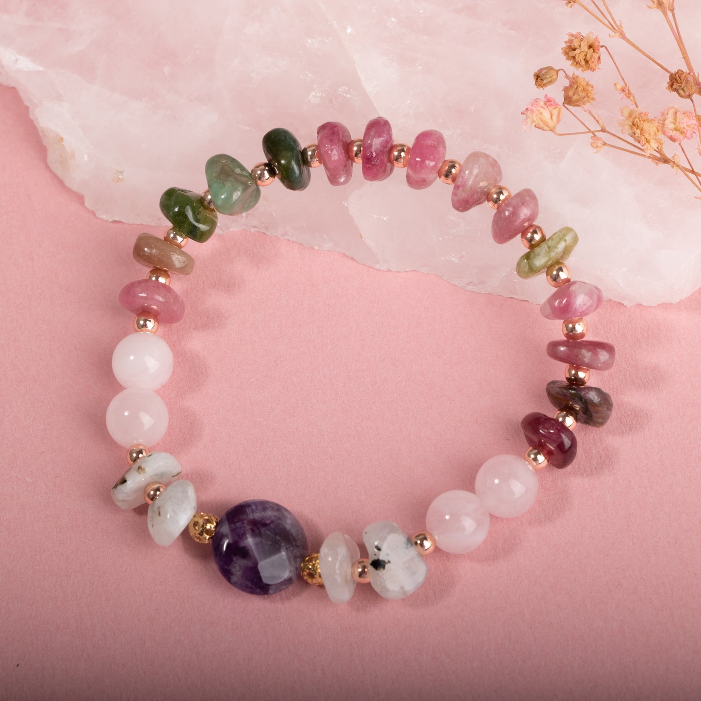 Moonstone, Pink Quartz, Tourmaline, Amethyst Natural Stone Bracelet