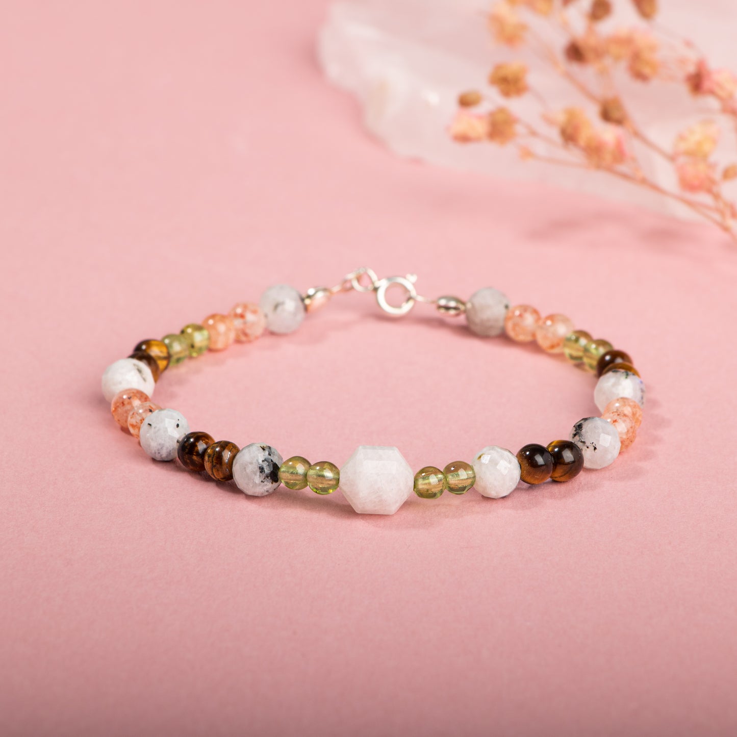 Moonstone, Peridote, Tiger Eye, Natural Stone Bracelet with Silver Clip