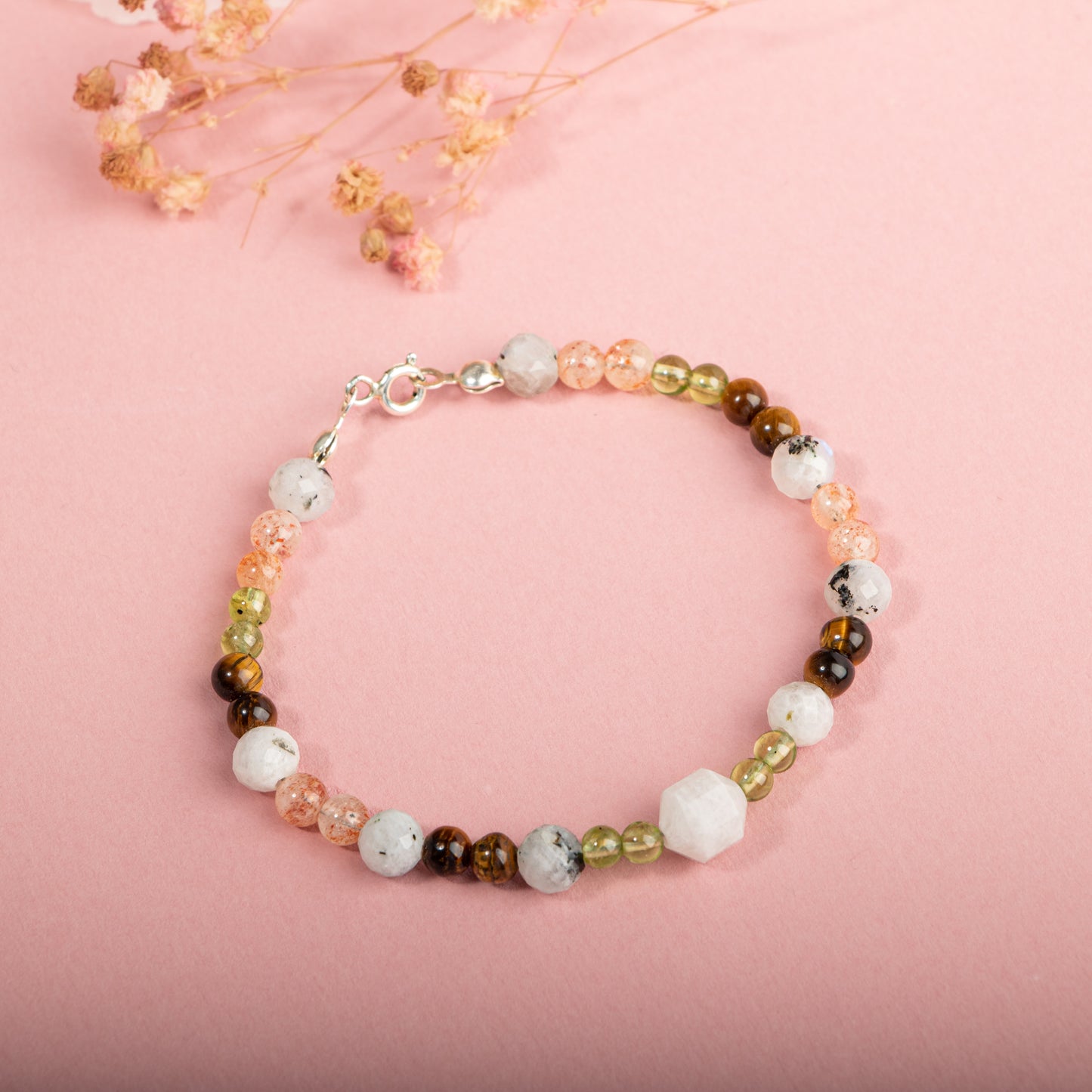 Moonstone, Peridote, Tiger Eye, Natural Stone Bracelet with Silver Clip