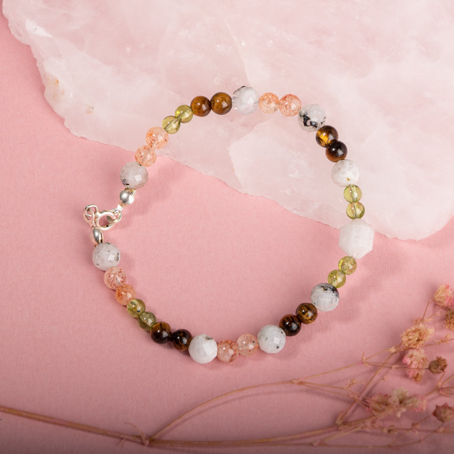 Moonstone, Peridote, Tiger Eye, Natural Stone Bracelet with Silver Clip