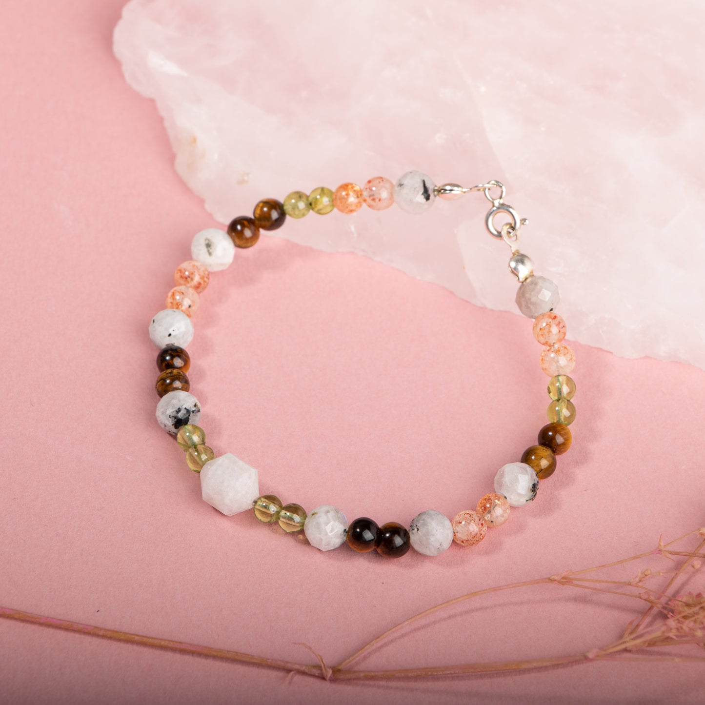 Moonstone, Peridote, Tiger Eye, Natural Stone Bracelet with Silver Clip