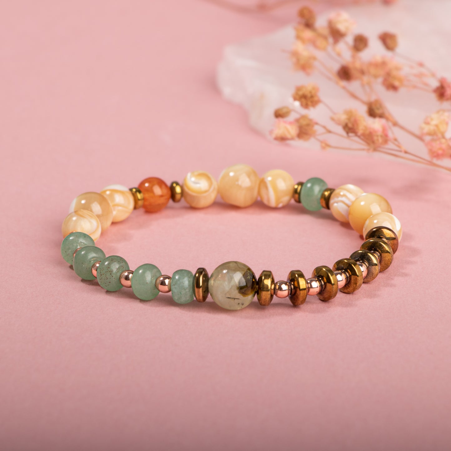 Hematite, Prehneite, Aventurine, Mother of Pearl Natural Stone Bracelet